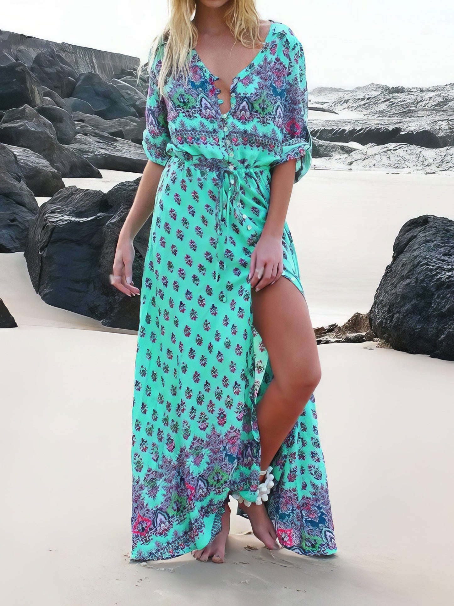 CM | Vestido largo bohemio de manga media y cuello en V