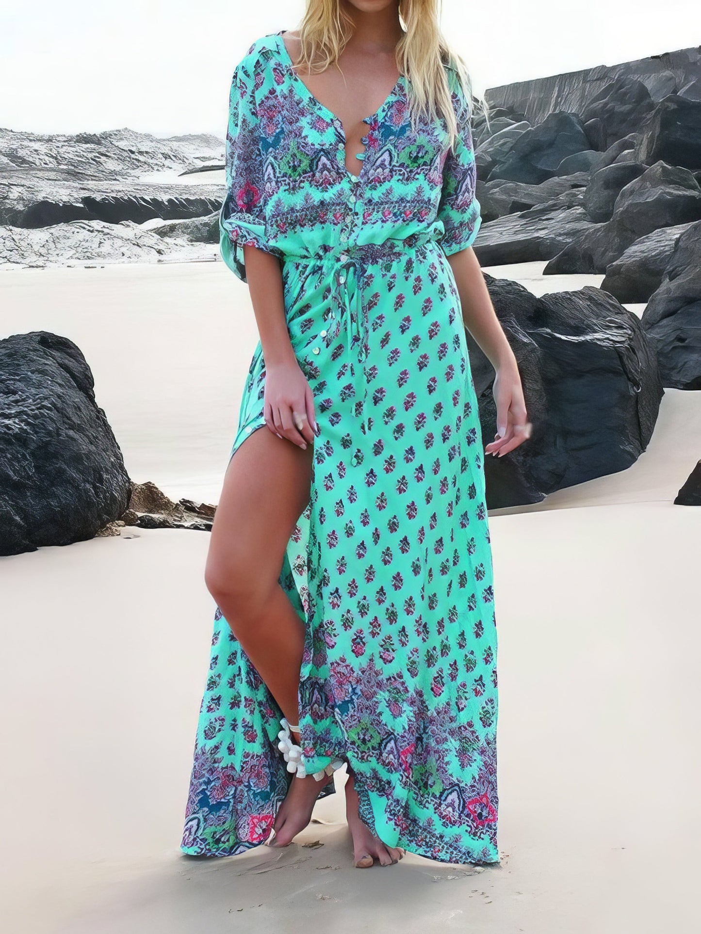 CM | Vestido largo bohemio de manga media y cuello en V