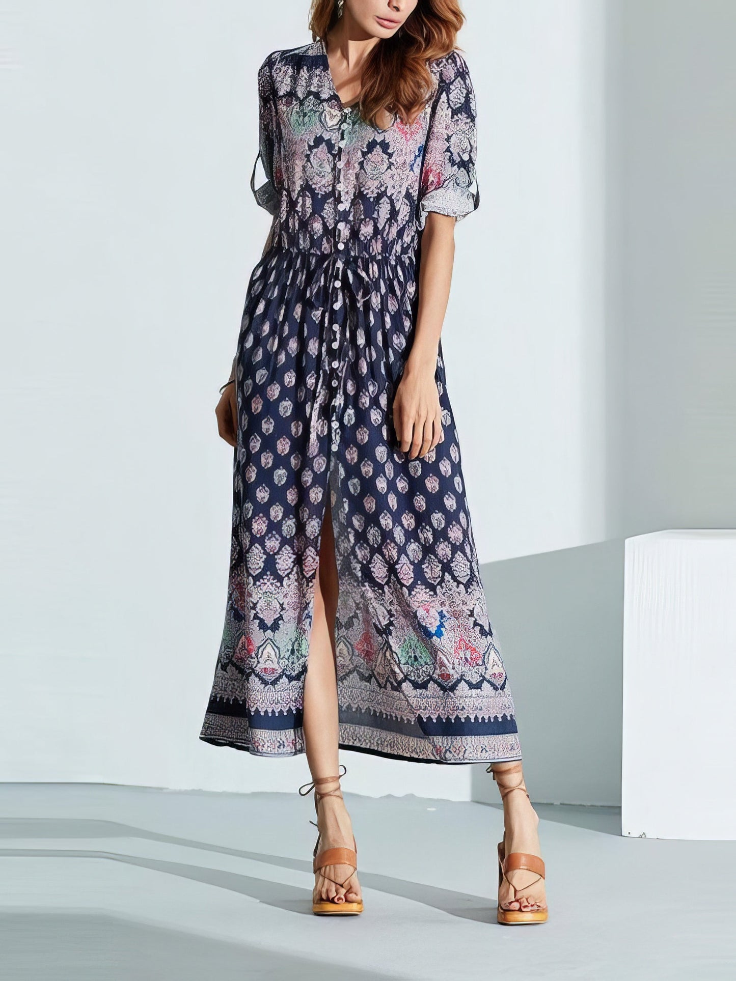 CM | Vestido largo bohemio de manga media y cuello en V