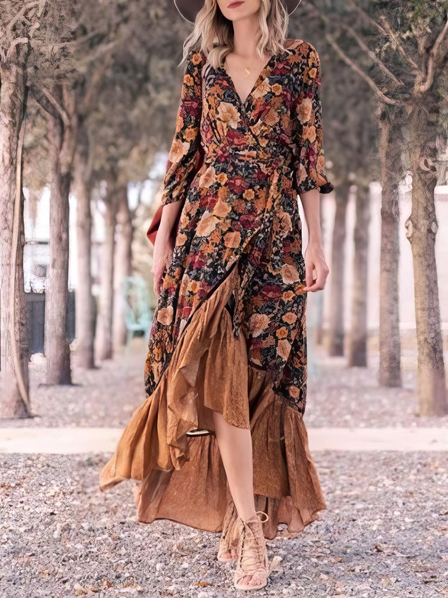 CM | Vestido Largo Retro Manga Larga Estampado