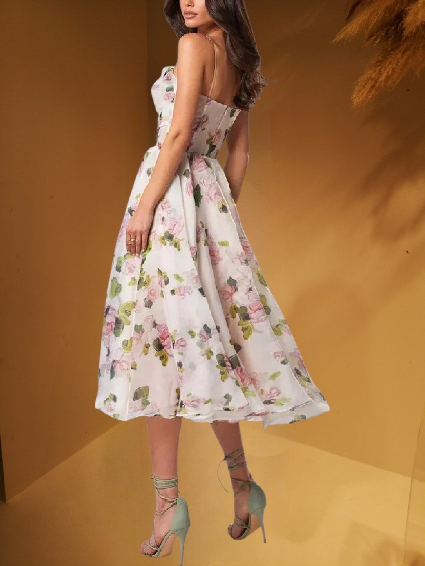 CM | Vestido midi sin mangas para mujer con estampado floral y corte estructurado
