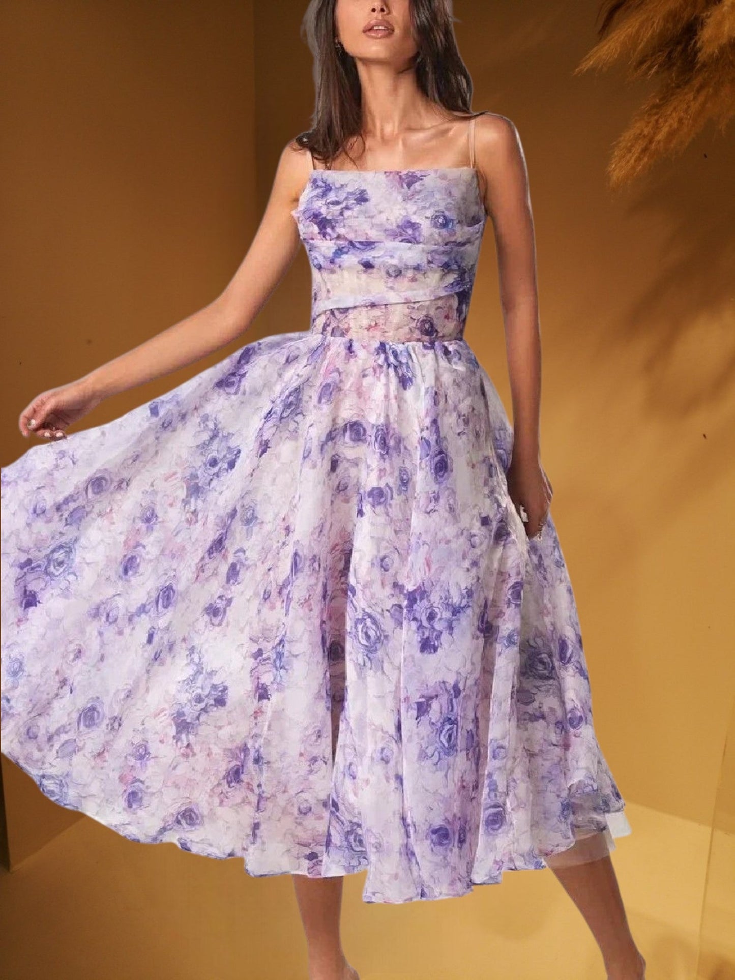 CM | Vestido midi sin mangas para mujer con estampado floral y corte estructurado