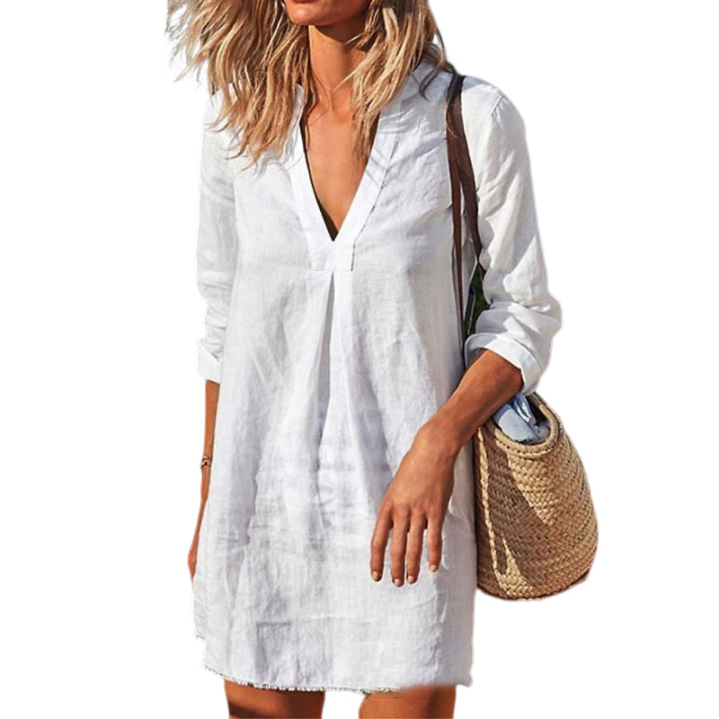 CM | Vestido de manga larga casual monocolor con escote en V