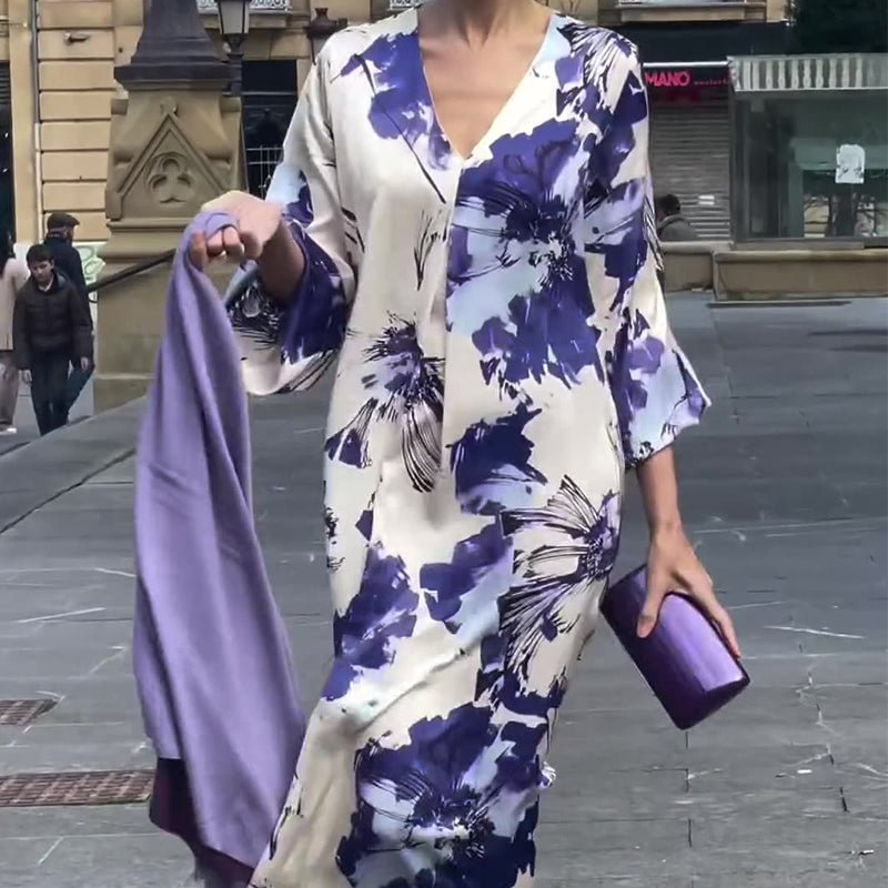 CM | Elegante vestido largo con estampado y escote en V para mujer