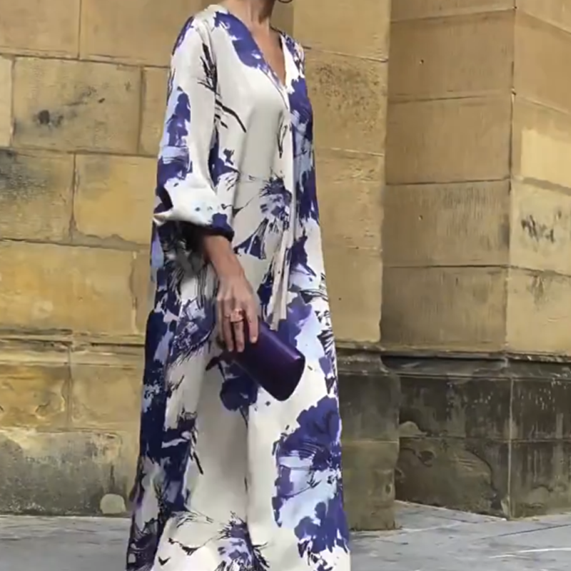 CM | Elegante vestido largo con estampado y escote en V para mujer