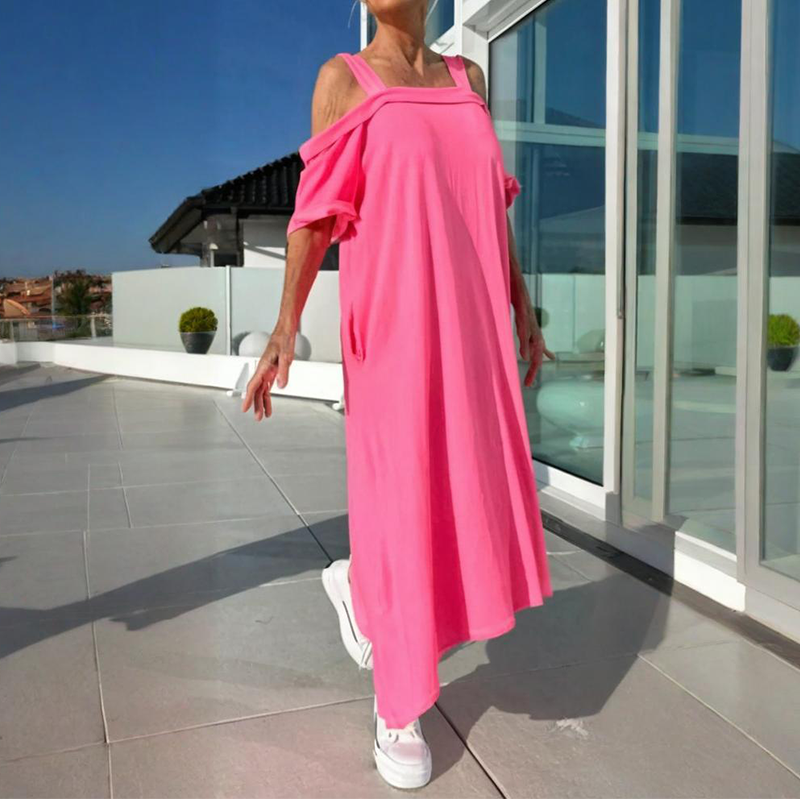 CM | Elegante y cómodo maxi vestido para mujer con hombros descubiertos