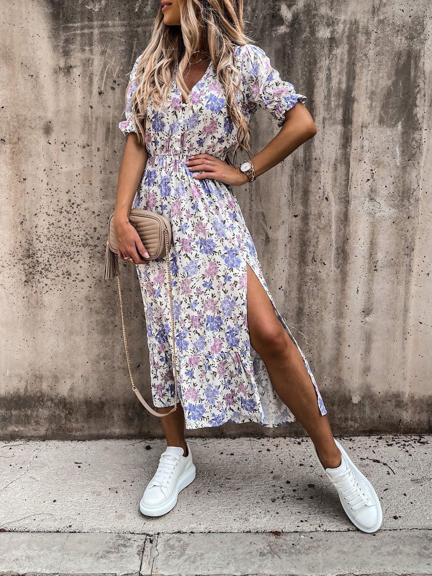 CM | Vestido largo con escote en V y estampado partido