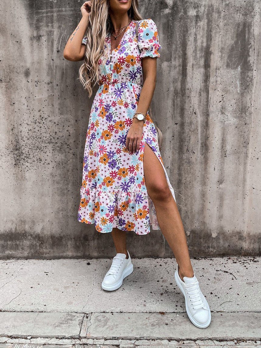 CM | Vestido largo con escote en V y estampado partido