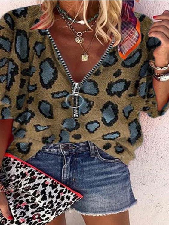 CM | V-Cuello Cremallera Leopardo Imprimir Casual Blusas