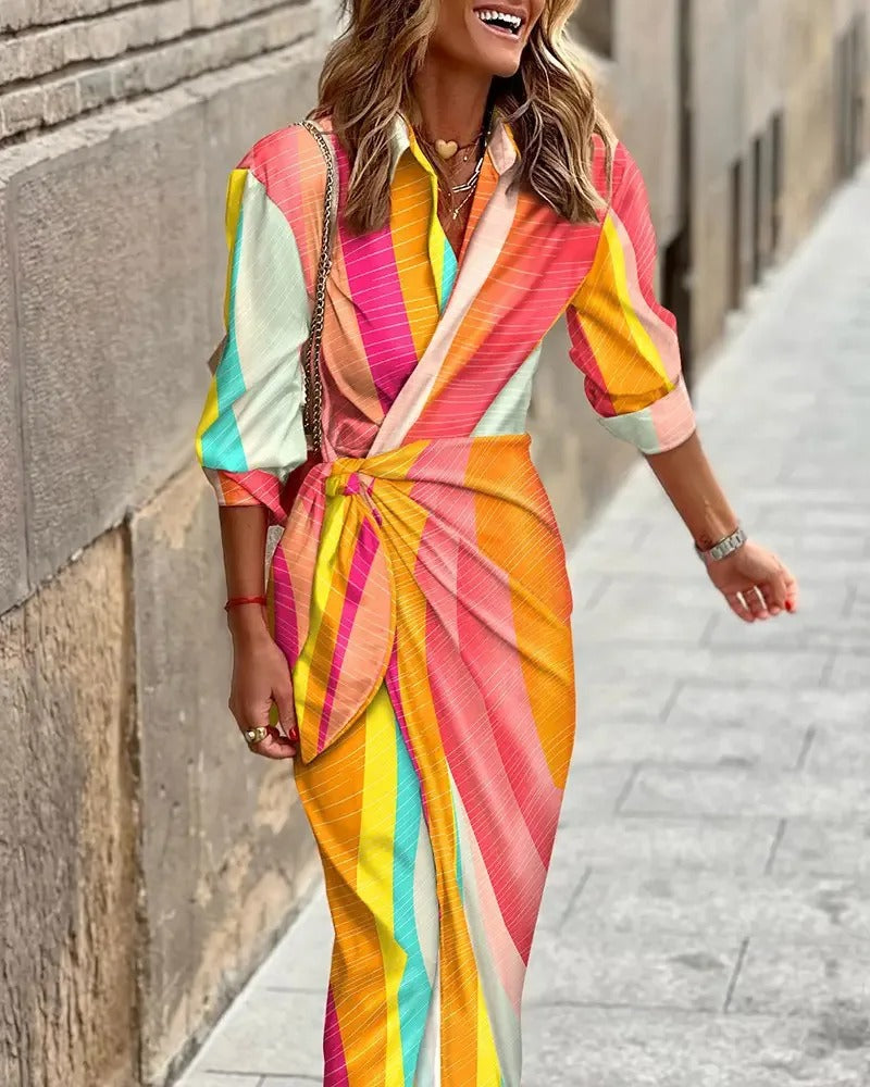 CM | Fashion Vestido midi de rayas con cuello en V y lazada