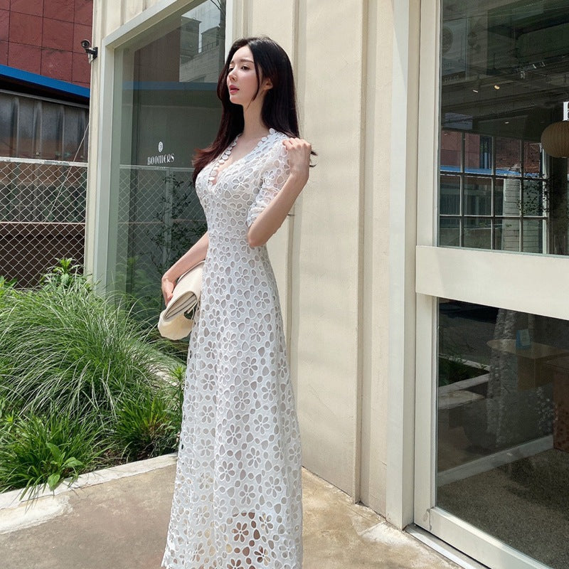 CM | maxi vestido de mujer - encaje línea A - escote en V - mangas medias - ribete festoneado