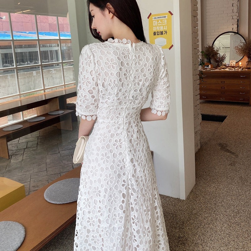 CM | maxi vestido de mujer - encaje línea A - escote en V - mangas medias - ribete festoneado