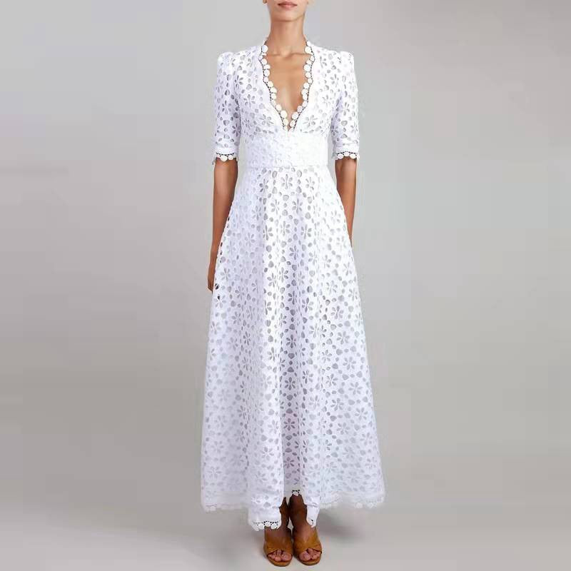CM | maxi vestido de mujer - encaje línea A - escote en V - mangas medias - ribete festoneado