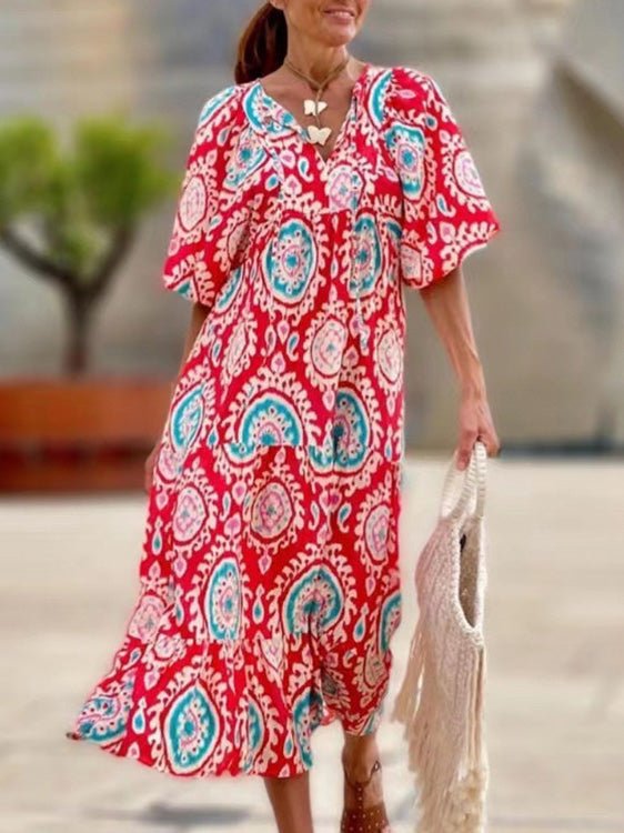 CM | maxi vestido estampado vintage con mangas abullonadas