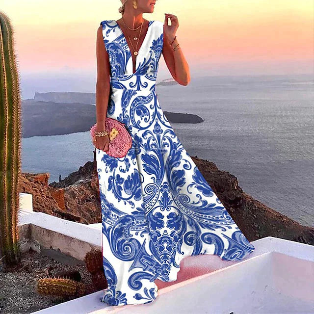 CM | Maxivestido de mujer - Corte vaporoso - Sin mangas - Escote en pico - Atrevido estampado floral - Mezcla transpirable