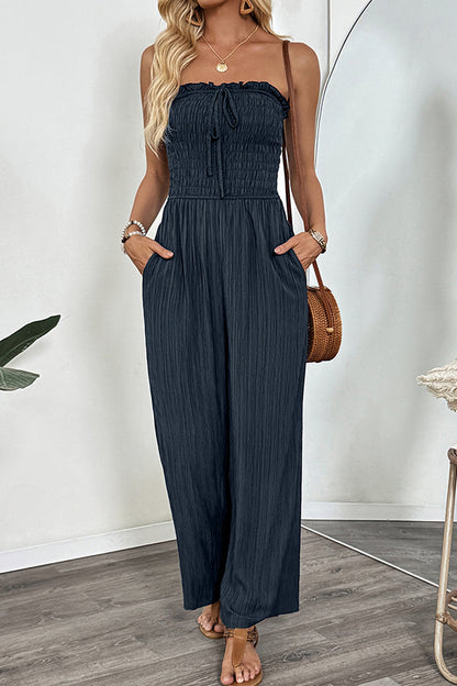 CM | Pecho Smocked Bandeau Solid Casual Jumpsuit