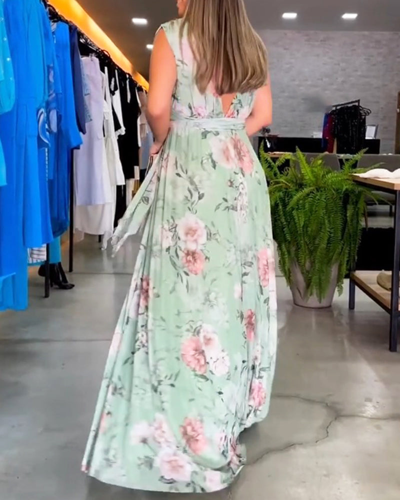 CM | Vestido largo floral sin mangas con dobladillo partido