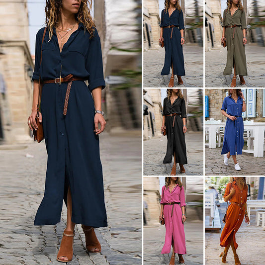 CM | Vestido monocolor con mangas largas y botones