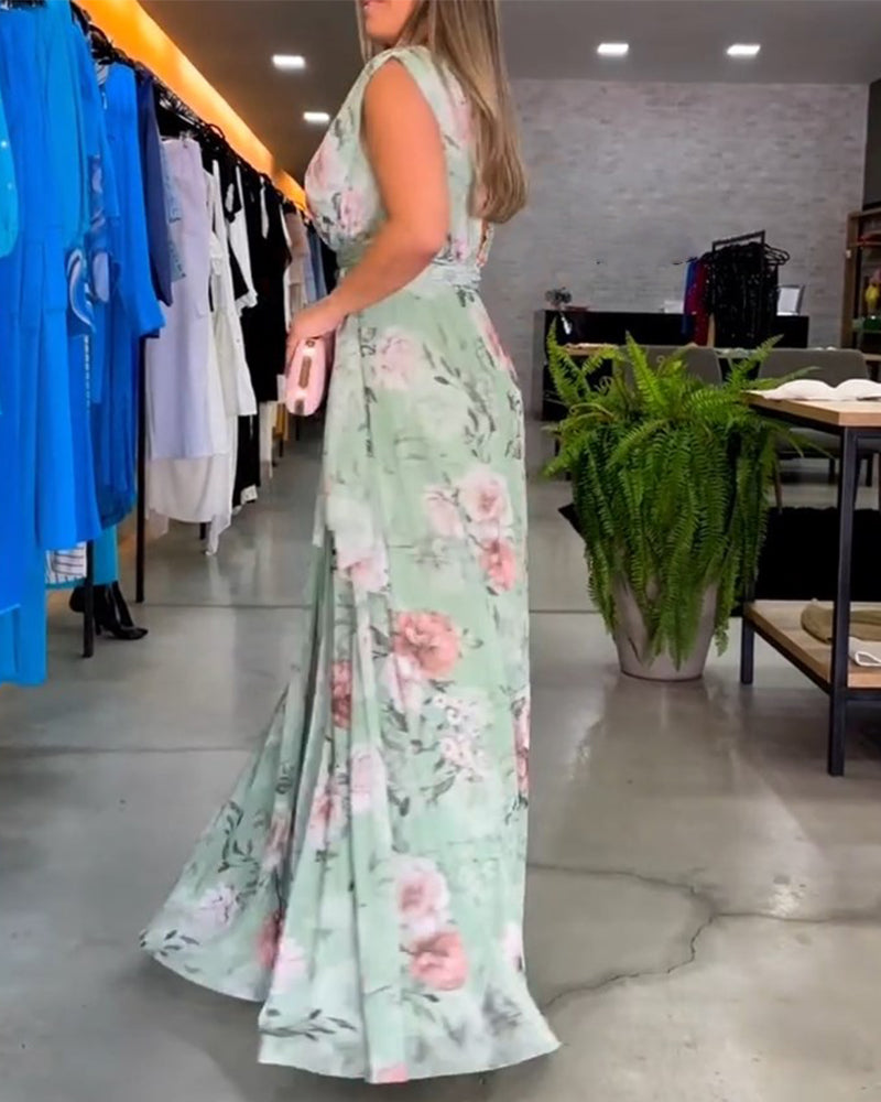 CM | Vestido largo floral sin mangas con dobladillo partido