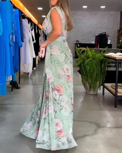 CM | Vestido largo floral sin mangas con dobladillo partido