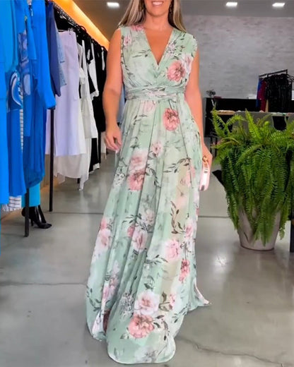 CM | Vestido largo floral sin mangas con dobladillo partido