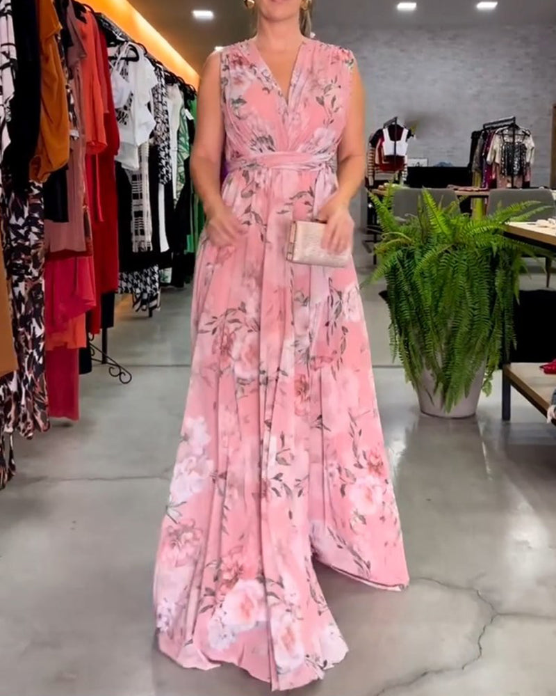 CM | Vestido largo floral sin mangas con dobladillo partido