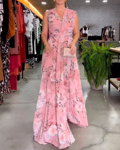 CM | Vestido largo floral sin mangas con dobladillo partido
