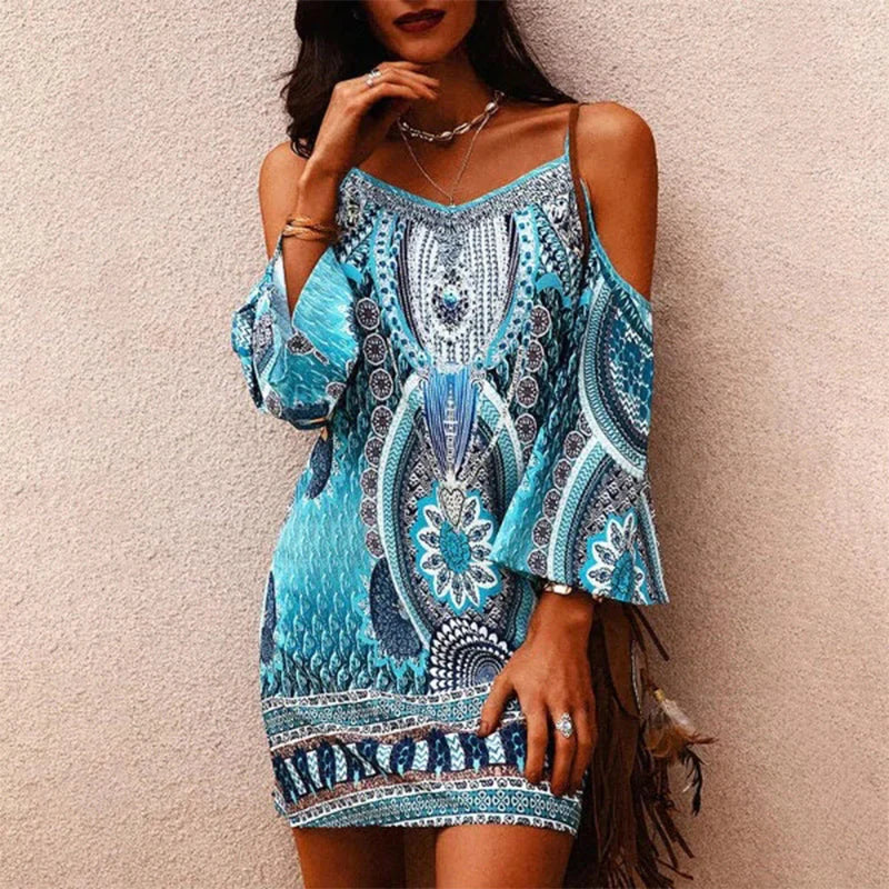 CM | Elegante vestido estampado sin tirantes y sin hombros