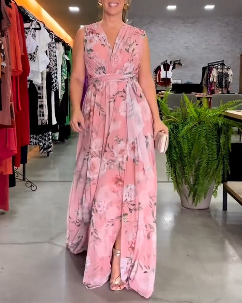 CM | Vestido largo floral sin mangas con dobladillo partido