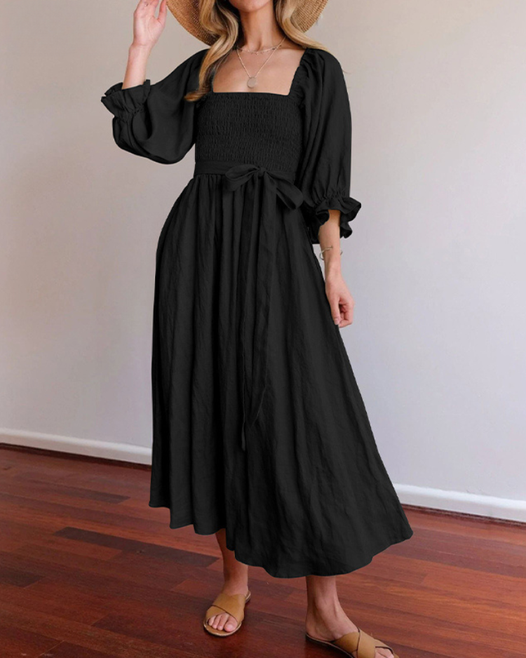 CM | Elegante maxi vestido de manga abullonada reversible