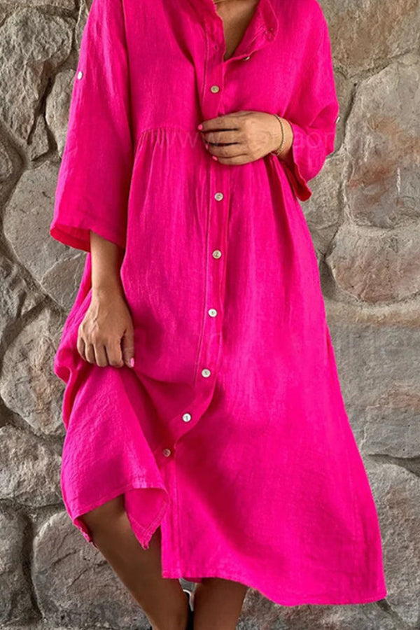 CM | algodón lino color sólido casual stand cuello botón vestido largo