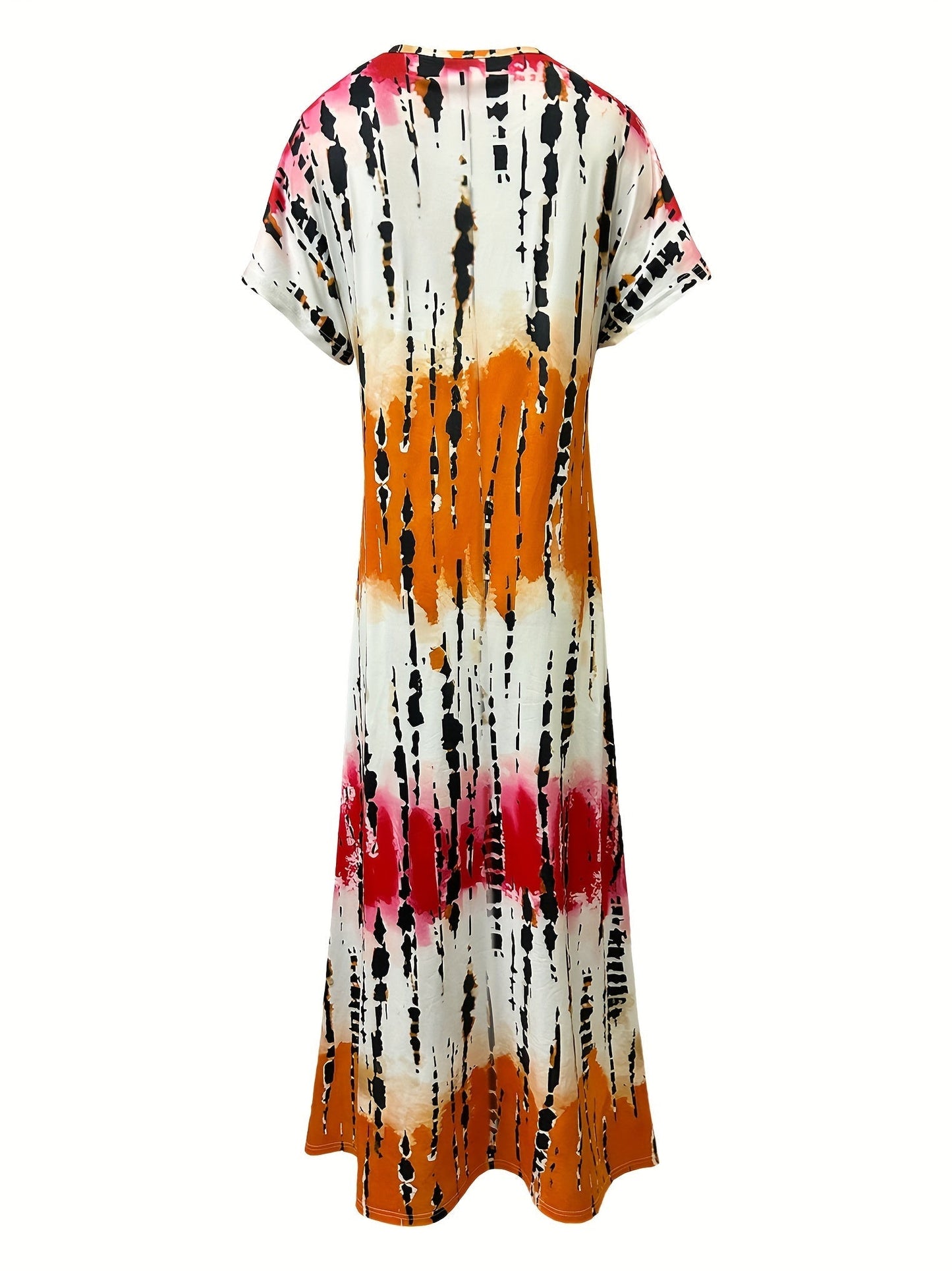 CM | Maxivestido de mujer - Cuello en pico - Estampado abstracto - Mangas cortas - Corte relajado - Aberturas laterales
