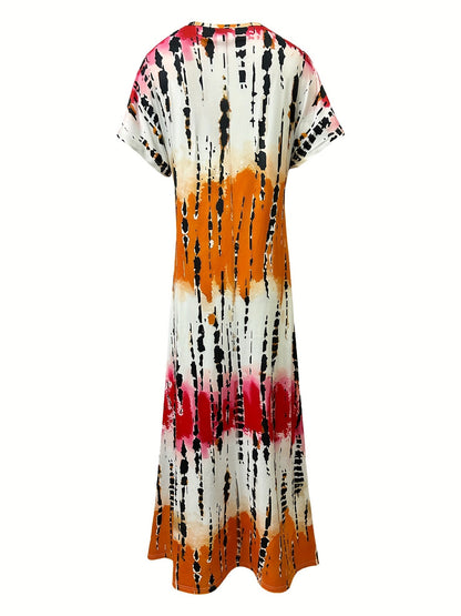 CM | Maxivestido de mujer - Cuello en pico - Estampado abstracto - Mangas cortas - Corte relajado - Aberturas laterales