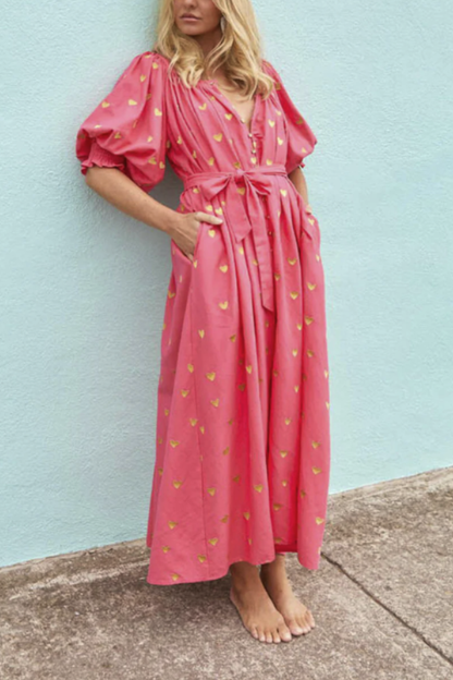 CM | Verano Suelto Impreso Cardigan Manga Corta Vestido Largo