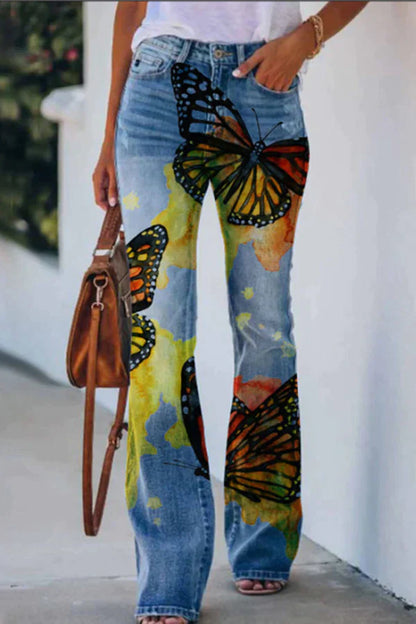 CM | Pantalones acampanados de tiro alto con estampado de imitación