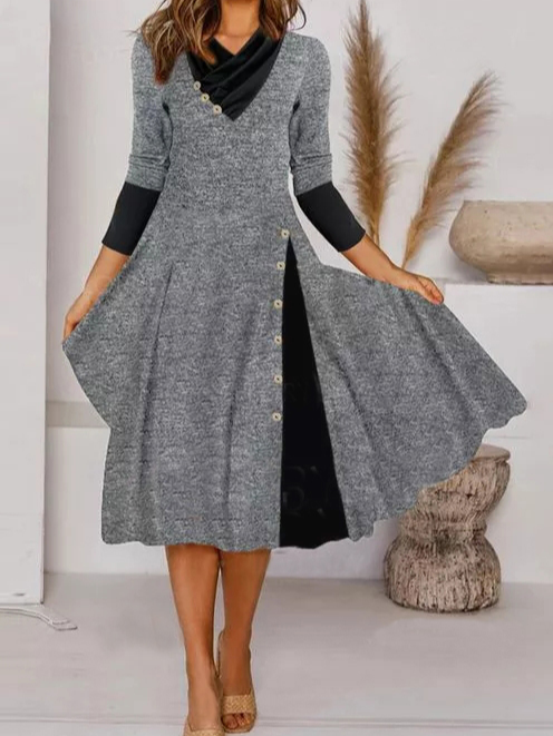 CM | Block Túnica Cuello en V Vestido Midi A-Line