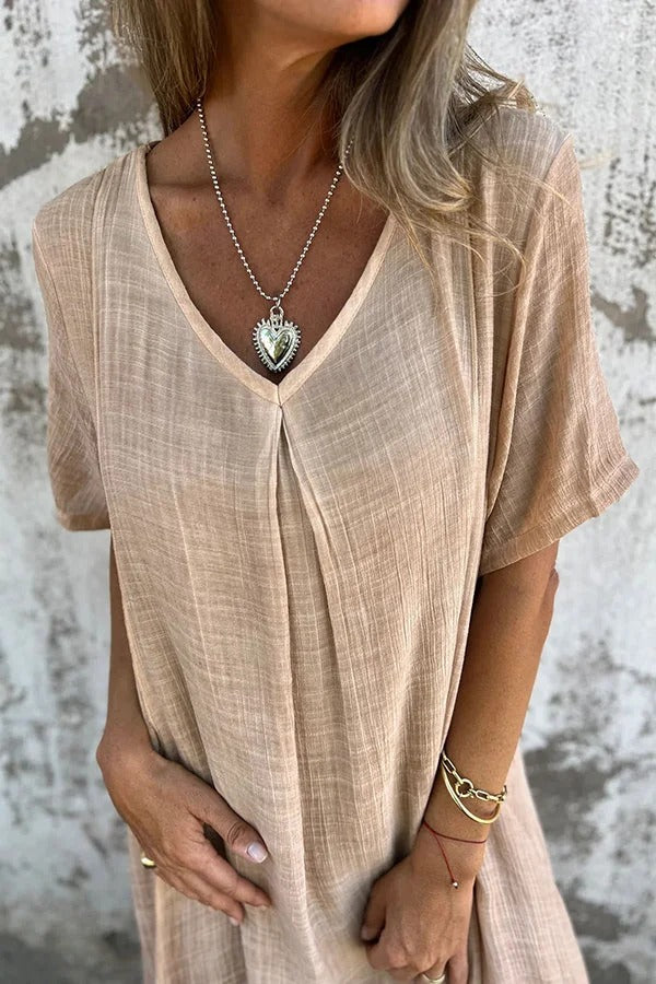 CM | Bayside Bliss vestido midi suelto plisado de manga corta en mezcla de lino