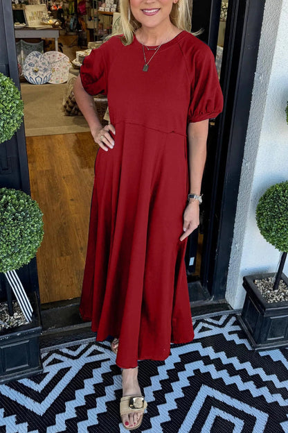 CM | Vestido largo de cuello redondo con mangas abullonadas para mujer