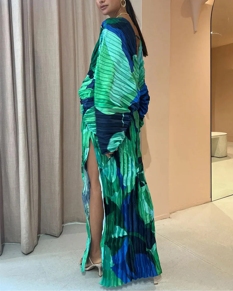 CM | Casual Manga Larga Plisado Vestido Largo Suelto Profundo Cuello V Vacaciones Playa Cover Ups
