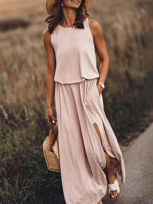 CM | maxi vestido de mujer - sin mangas ajuste fluido - escote redondo - abertura lateral estilo casual