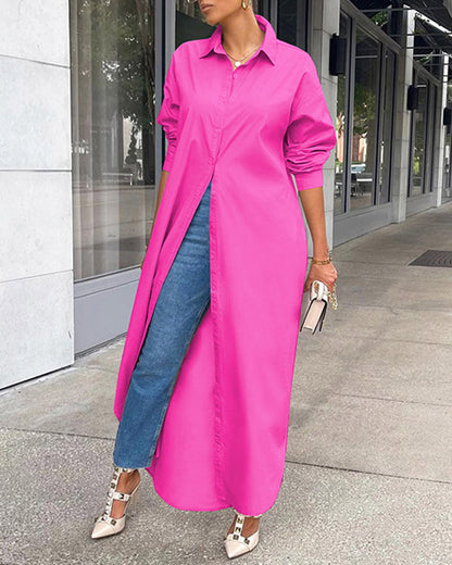 CM | Button Down Maxi Camisas Vestido Manga Larga Cuello V Kaftan Vestido Largo Suelto Abrigo