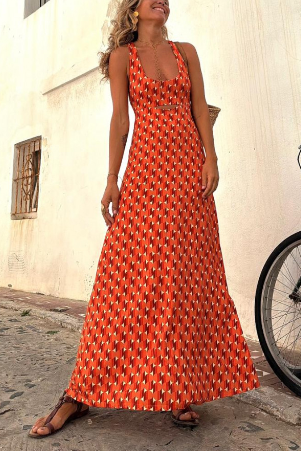 CM | Naranja Manga Corta Estampado Regular Vestido Largo Tirantes
