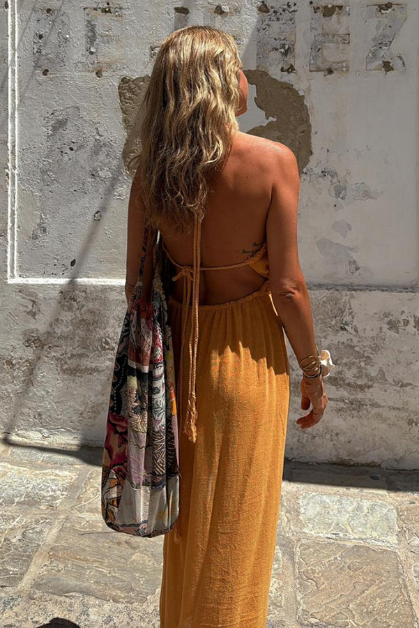 CM | Mezcla de lino Cintura elástica Halter Bolsillo sin espalda Abertura Vestido Midi
