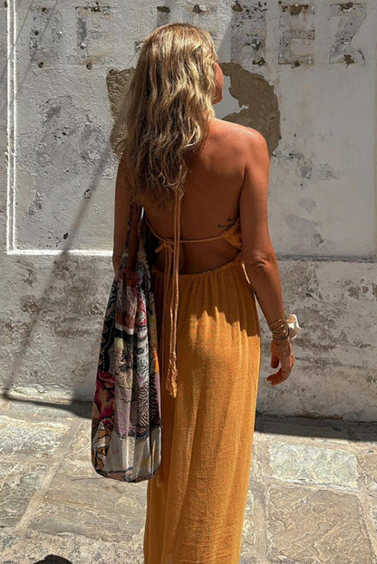 CM | Mezcla de lino Cintura elástica Halter Bolsillo sin espalda Abertura Vestido Midi