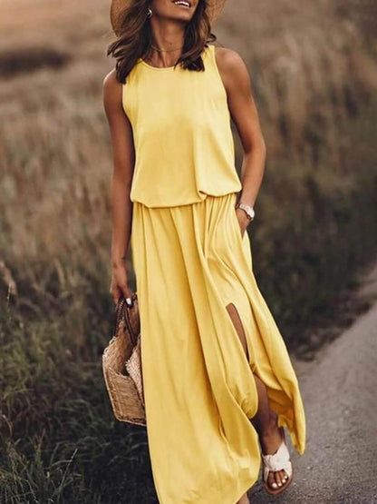 CM | maxi vestido de mujer - sin mangas ajuste fluido - escote redondo - abertura lateral estilo casual