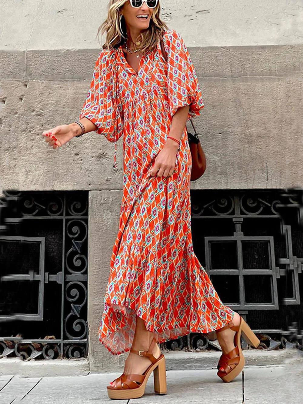 CM | maxi vestido de mujer - cuello en V - falda con lazos - corte holgado - estilo casual ligero