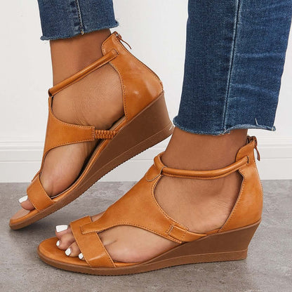 CM | T-Strap Sandalias de cuña baja Volver Cremallera Correa de tobillo Zapatos