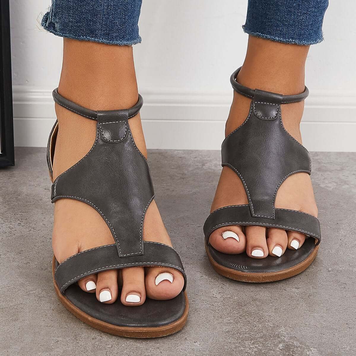 CM | T-Strap Sandalias de cuña baja Volver Cremallera Correa de tobillo Zapatos