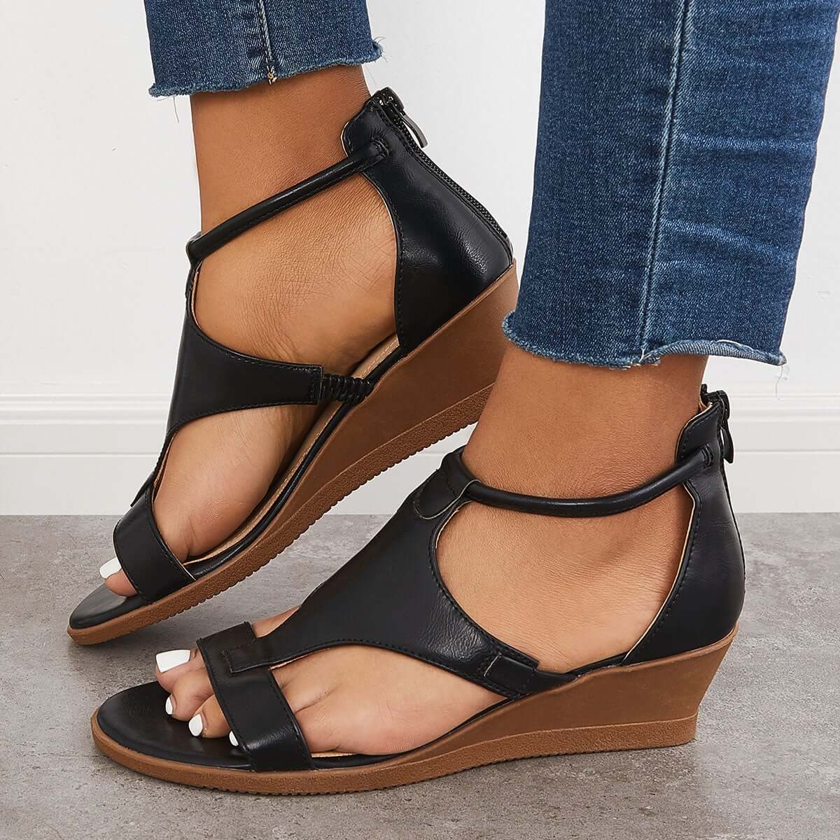 CM | T-Strap Sandalias de cuña baja Volver Cremallera Correa de tobillo Zapatos