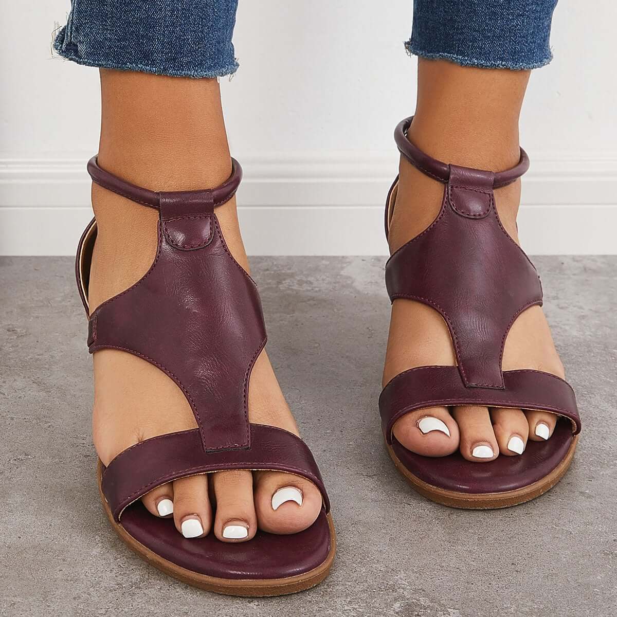 CM | T-Strap Sandalias de cuña baja Volver Cremallera Correa de tobillo Zapatos